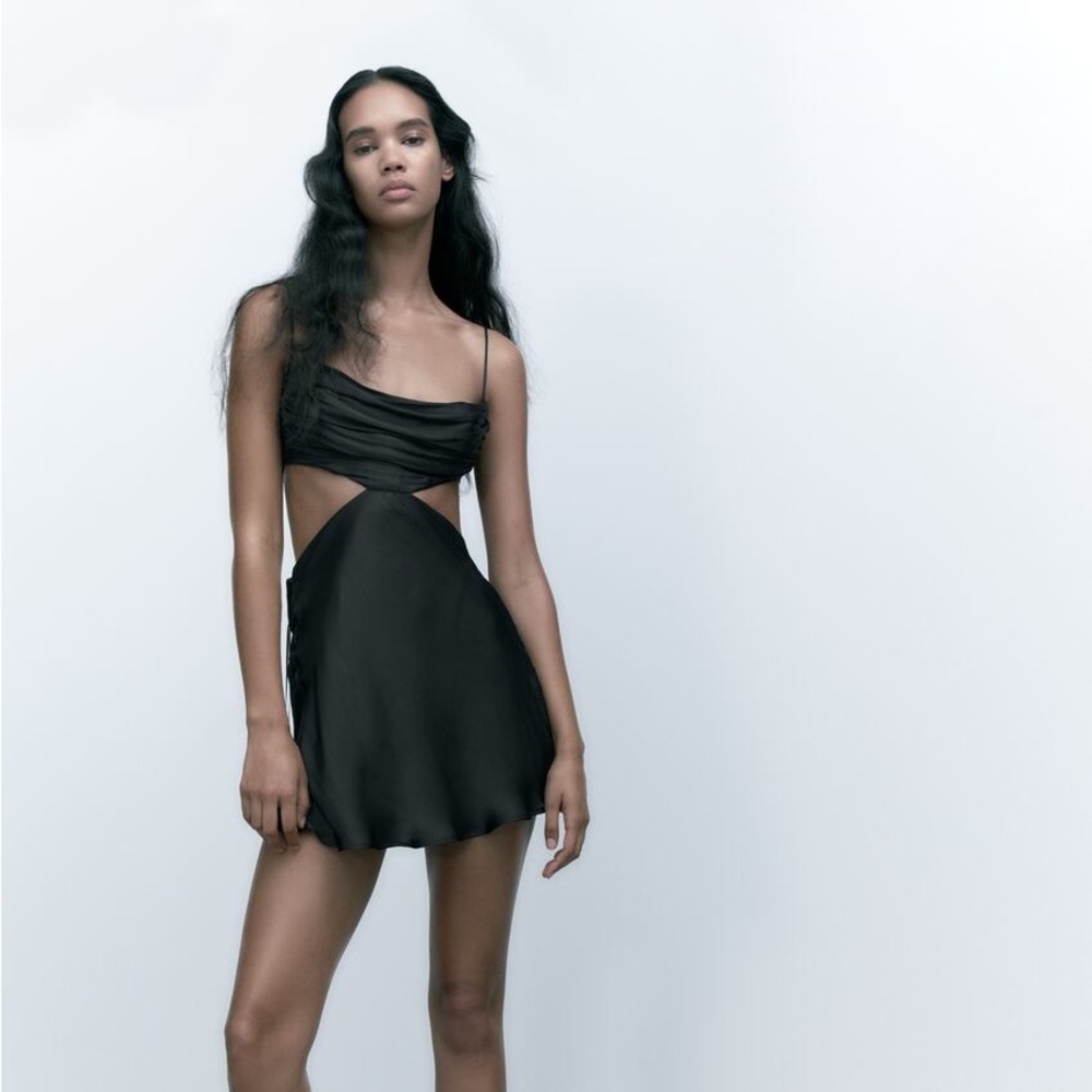 Black spaghetti strap cute put draped mini dress never worn